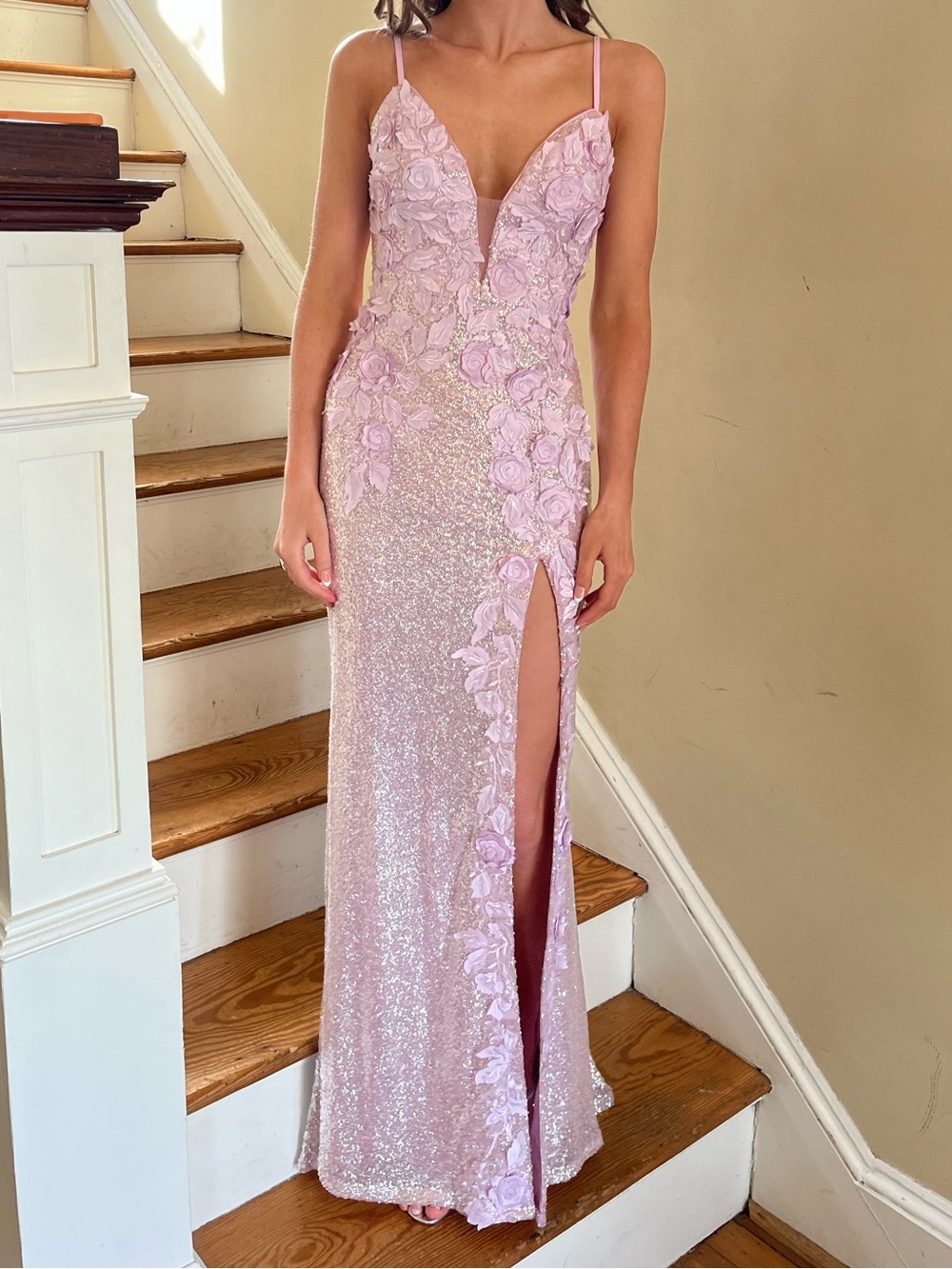 Jovani Blush Pink Sequin Lace Appliqué Gown with Side Slit
